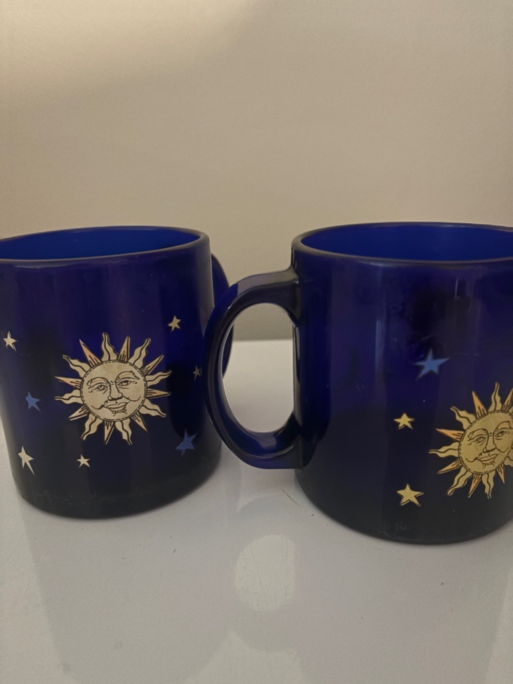 Libby Cobalt Blue Celestial Sun Mug Vintage Moon Stars Glass Coffee Tea USA